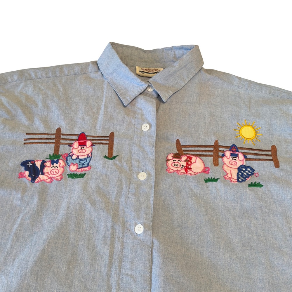 Separate Issue Woman Vintage Blue Embroidered Pig Farm Button Down Shirt 24W